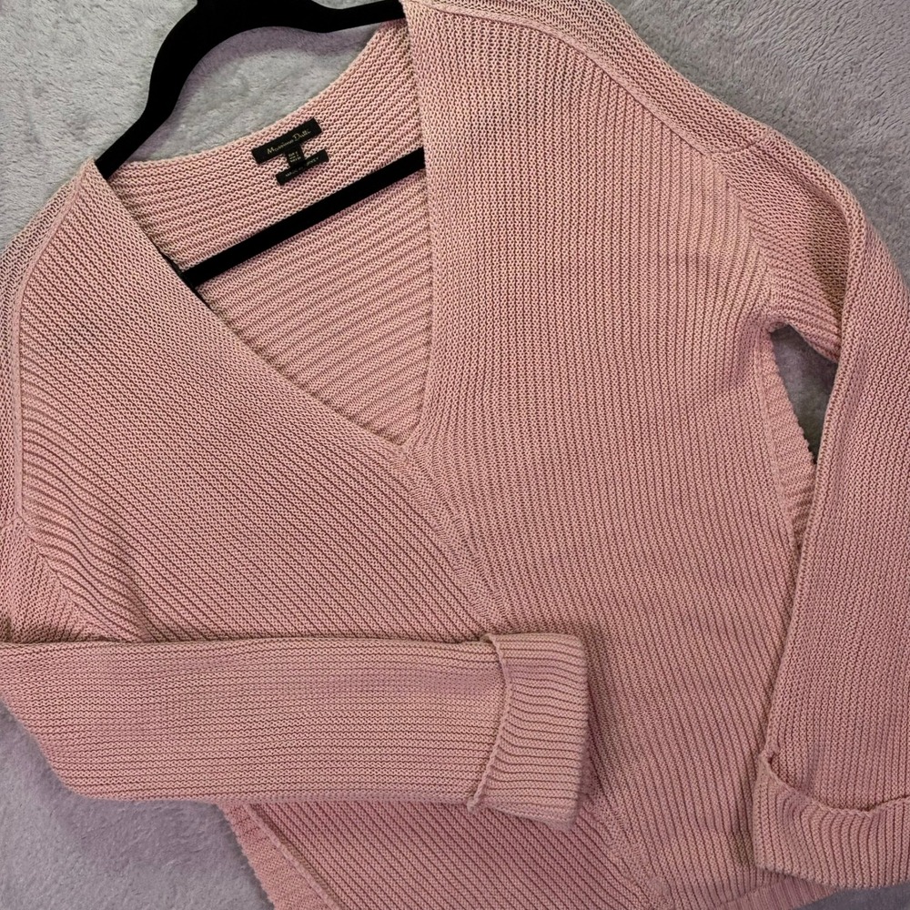 Massimo Dutti Womens Sweater Sz S Pink Cotton Shaker Stitch V-Neck 5649/617/622